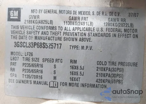 2008 Saturn Vue 4-Cyl Xe from USA, damaged, VIN 3GSCL33P68S525717